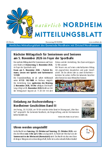 NUSSBAUM+ Premium - Amtliches Mitteilungsblatt der Gemeinde Nordheim mit Ortsteil Nordhausen